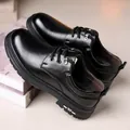 Men's black leather casual shoes with thick rubber soles and classic lace-up design - EU 38 / Black Solid Shoes