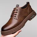 Brown lace-up casual leather shoes for men with glossy finish and embossed detail - EU 37 / Brown