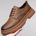 Men's dark brown leather derby shoes with thick non-slip rubber soles and retro texture - EU 37 / Brown