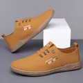 Men's casual leather loafers in ginger yellow with elastic laces and non-slip soft sole - 38 / Flats / Yellow