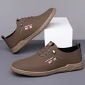 Brown slip-on leather sneakers for men with non-slip soft soles and embroidered side detail - 38 / Flats / Brown