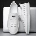 Men's breathable white cutout leather loafers with stylish CS logo and soft thick sole - EU 38 / White