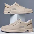 Men's beige leather skate shoes with lychee texture and black lightning decorative sole - EU 38 / Beige