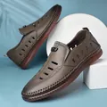 Men's dark brown hollow leather loafers with breathable cutout design and rubber sole - EU 38 / Khaki
