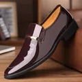 Men's dark brown patent leather loafers with gold buckle and breathable cutout design - EU 38 / Brown Single Shoes