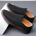 Men's casual black matte slip-on loafers with breathable texture and brown stitched soles - 38 / Black