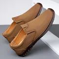 Men's casual brown leather loafers with handcrafted stitching and sport embossed details - 38 / Khaki