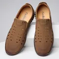 Brown breathable hollow out men's casual leather sandals with slip-on design for summer - 38 / Hollow Style / Khaki