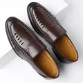 Men's formal hollow leather sandals in dark brown with breathable perforated design - Hollow Brown