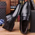 Men's black leather business shoes with warm brown faux fur lining and metal accent - EU 43 / Black Fleece Lined