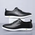 Men's breathable black casual leather shoes with perforated patterns and white soft sole - EU 38 / Black Hollow