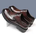 Men's dark brown hollowed leather loafers with breathable cutout and rubber sole - EU 38 / Metal Buckle Style / Brown (88011)