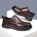 Mens brown hollowed leather oxford shoes with breathable design and durable rubber sole - EU 38 / Classic Lace-up Style / Brown (88012)