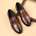 Deep brown leather loafers for men with gradient burnished toe and metal V buckle - EU 38 / Brown Single Lining