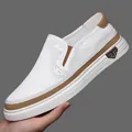 Men's white breathable mesh loafers with brown leather accents and thick rubber sole - EU 38 / White Hollow Out