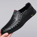 Men's black hollow leather casual shoes with lychee texture and red-green stripe detail - EU 38 / Black Hollow