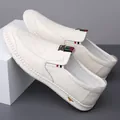 Men's off-white genuine leather loafers with litchi grain and embossed check toe - EU 38 / White Unlined