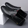 Men's black leather slip-on shoes with checkerboard texture and red-green stripes - Black Solid Shoes