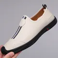 Beige slip-on leather loafer for men with a black anti-slip sole and side accent - EU 38 / White Unlined