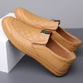 Men's khaki leather loafers with hollow mesh pattern and classic tricolor webbing trim - Brown Single Shoes