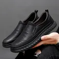 Men's slip-on black casual leather loafers with non-slip thick rubber soles - EU 38 / Black (807) / Single Lining