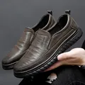 Men's dark brown slip-on leather loafers with stitching and rubber non-slip sole - EU 38 / Single Lining