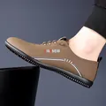 Men's khaki leather loafers with slip-on design and non-slip rubber soles for daily wear - EU 38 / Brown Single Shoes
