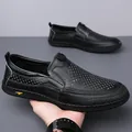 Men's black genuine leather loafer with crocodile texture and breathable perforations - EU 38 / Black Hollow