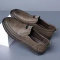 Men's dark brown leather loafers with elastic side gores and non-slip rubber soles - EU 38 / Khaki / Single Lining