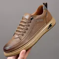 Men's slip-on brown leather casual sneakers with thick rubber soles and retro style - EU 38 / Single Lining / Brown