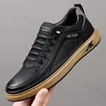 Men's casual black sneakers with litchi texture leather and a thick rubber sole - EU 38 / Single Lining / Black