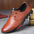 Men's brown casual leather shoes with sporty embossed side and durable rubber sole - EU 38 / Brown Lace-up (113)