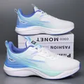Men's mesh running shoes in blue and white gradient with thick cushioned rubber soles - White-Blue Synthetic Leather Single Lining