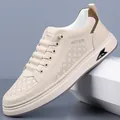 Men's beige low-top casual sneakers with perforated side details and contrast brown heel - EU 38 / Hollow Out / Beige
