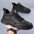 Men's high-top casual sneakers in black leather with durable non-slip thick soles - EU 38 / Black