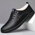 Men's winter black leather shoes with warm faux fur lining and anti-slip rubber sole - EU 38 / Black Faux Fur Lined (6885)
