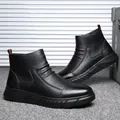 Classic black leather men's ankle boots with decorative stitching and thick rubber soles - EU 38 / Black Solid Shoes