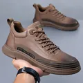 Men's brown leather casual high-top lace-up shoes with gradient toe and thick rubber sole - EU 38 / Brown