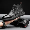 Men's black leather boots with crocodile pattern splicing and side zipper detail - EU 38 / Black Fleece Lined