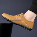 Men's khaki loafers with leather texture, embroidered logo and soft rubber sole - EU 38 / Yellow