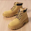 Men's yellow high-top nubuck leather Martin boots with fur lining and fashion tongue detail - EU 38 / Yellow Fleece Lined
