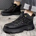Men's black high-top outdoor boots with thick non-slip soles and white contrast stitching - EU 38 / Black Fleece Lined