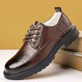 Men's dark brown leather dress shoes with warm fleece lining and thick non-slip soles - EU 38 / Brown Fleece Lined