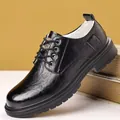 Men's black business casual leather shoes with warm white faux fur lining and lace-up design - EU 38 / Black Fleece Lined