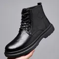Men's black glossy leather martin boots with SPORT embossing and durable thick sole - EU 38 / Black Solid Shoes
