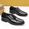 Men's classic black leather business shoes with cap-toe design and warm fleece lining - EU 38 / Black Slip-on Plus Velvet