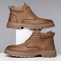 Classic retro brown men's leather high-top boots with non-slip thick rubber soles - EU 38 / Tan Brown (Warm Fur Lined)