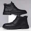 Men's black high-top faux leather martin boots with warm lining and non-slip sole - Black Fleece Lined