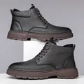 Men's charcoal grey high-top winter boots with embossed texture and warm thick rubber sole - Khaki Fleece Lined