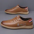 Brown slip-on leather casual shoes for men featuring non-slip soft soles and white trim - EU 38 / Brown